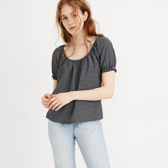 Madewell Texture & Thread Peasant Top in Stripe Navy - Picture 1 of 6